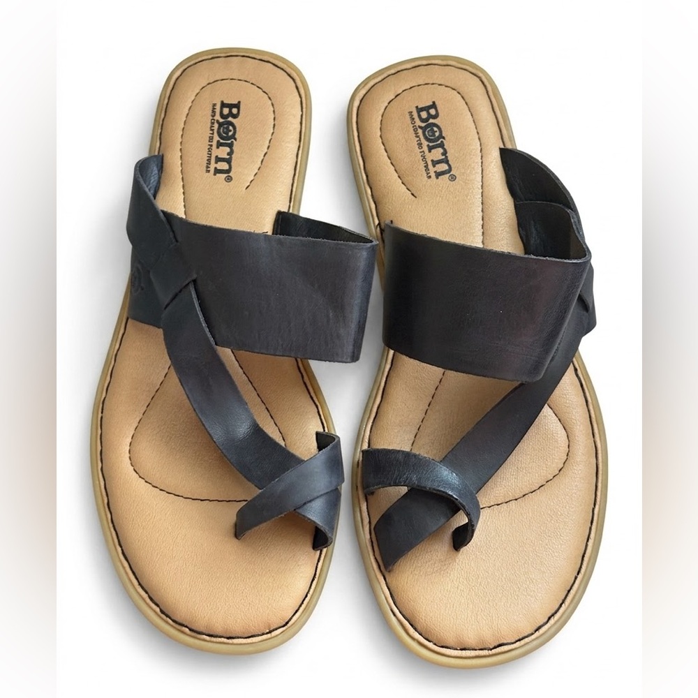 Børn Veda Black Leather Toe-Loop Comfort Sandals Slide - Size 9